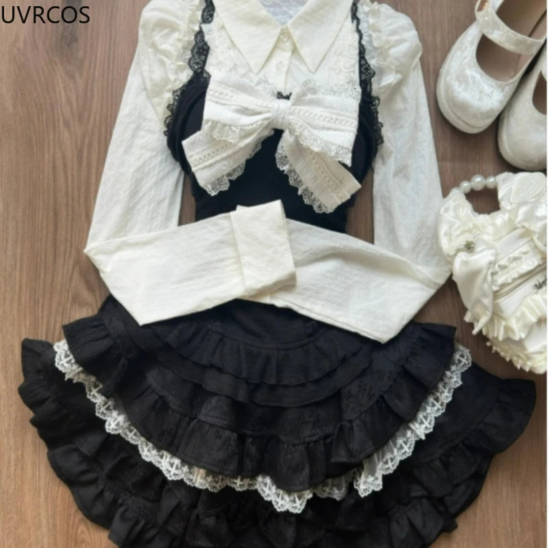 pantsparadises Y2k Aesthetic Lolita Style 3 Piece Set Women Kawaii White Shirt Bow Lace Vest Ruffle Mini Skirts Japan Fashion Gothic Skirt Suit