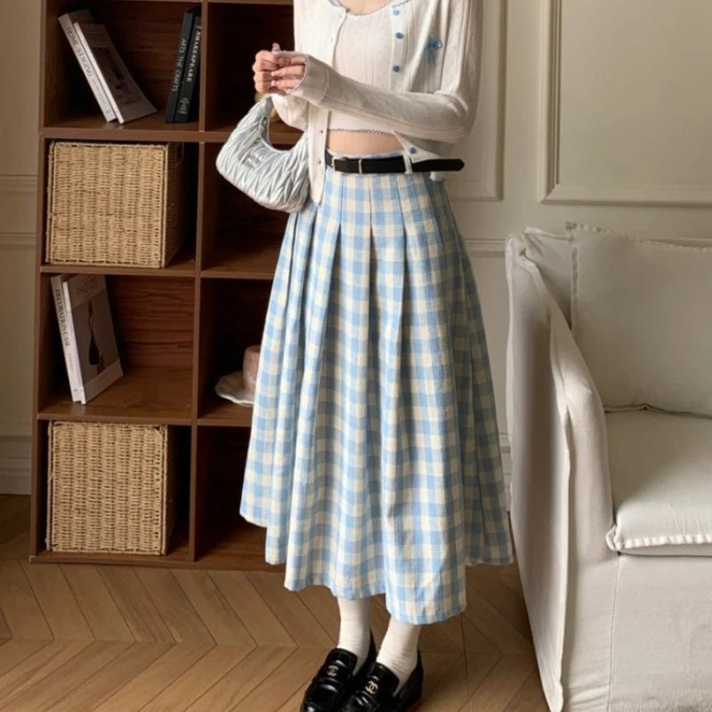 pantsparadises Preppy Style Plaid Long Skirt Women Sweet Elegant Vintage Pleated Skirt High Waist Autumn Winter Retro A-line Skirts