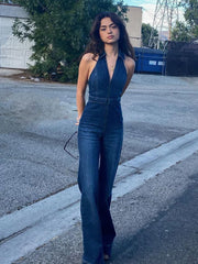 pantsparadises Denim Jumpsuit V Neck Zipper Bell Sleeveless Sexy Outifts Elegant Backpacker  Party Summer