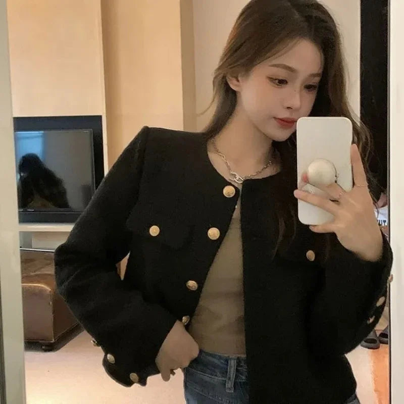 pantsparadises outfit inspo winter Wool Coat Women Jacket Short Autumn Winter Cardigan Long Sleeve Top Single Breasted Tweed Versatile Wool Top Full Sleeve