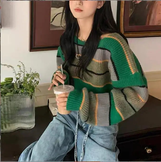 pantsparadises Women Fashion Cropped Sweater Sexy Tops Women Black White Striped Loose Pullover Knitted Sweater Fashion Jumper