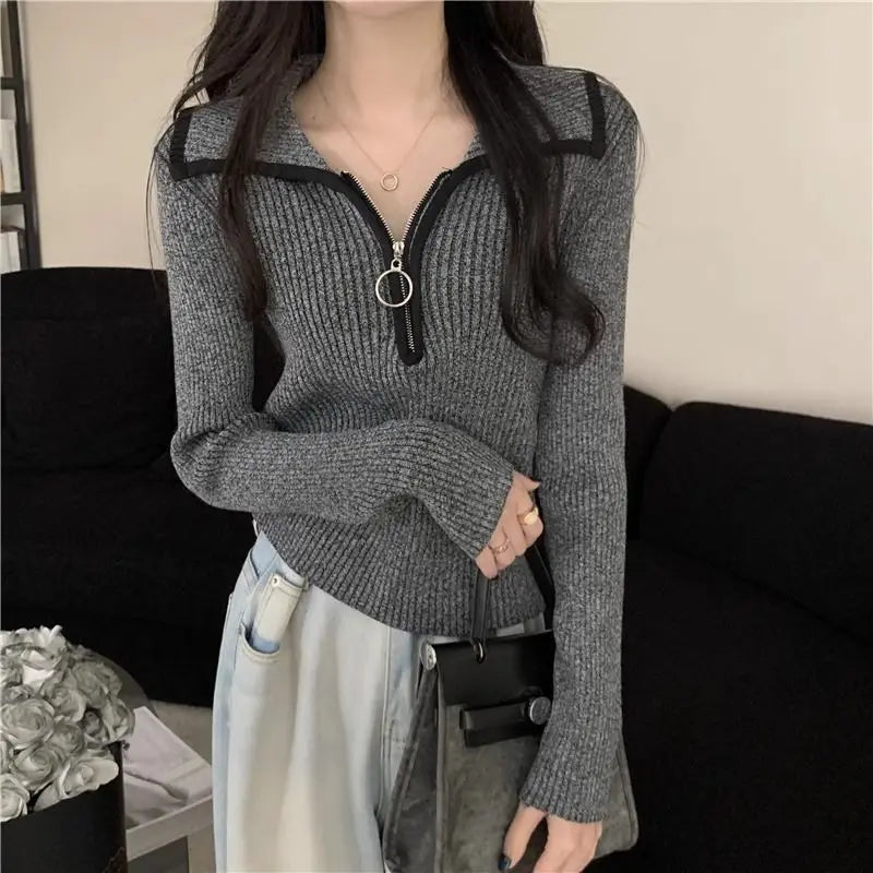 pantsparadises warm winter outfits Turn-down Collar Zipper Sweater Women Autumn Winter Fashion Solid Color Slim Knitwear Office Lady All-match Trend Knitting Tops