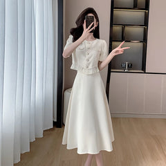 pantsparadises French Vintage Solid Womens Midi Dress Short Sleeve O-neck Elegant Slim Summer Fashion Office Ladies Two Piece Set Clothing