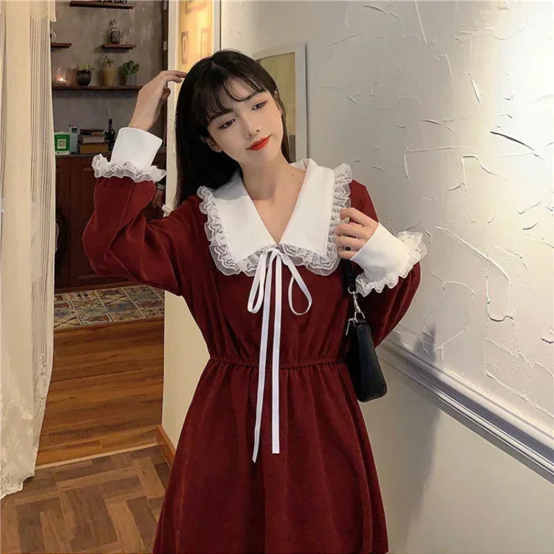 pantsparadises holiday dress New Vintage Shirt Dress Women Autumn Spring Long Sleeve Robe Kawaii Lolita Elegant Midi Dresses Korean Fashion Vestido платье