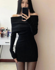 pantsparadises Christmas Oufits Sexy Dresses Women Backless Knitting Slim Y2k Girls Tender Korean Style Soft Casual Autumn Slash Neck Hotsweet Cozy New Clubwear