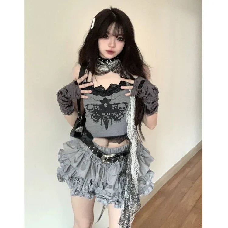 pantsparadises Fashion Sweet Lace Slim Fit Camisole Tops Women+ Y2k Kpop High Waist Ruched Cake Skirts 2025 Summer New Two Piece Sets