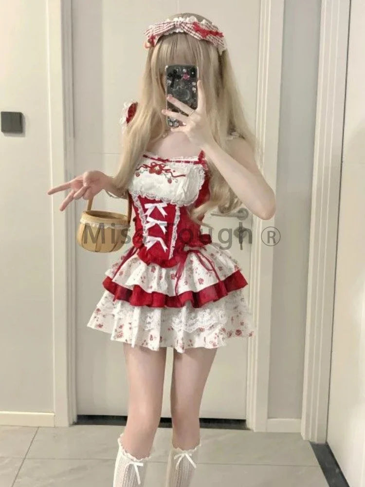 pantsparadises France Vintage Slim Square Neck Print 2 Piece Set Women Sweet Cute Lace Bow Patchwork Tops Female + High Waist Short Skirt