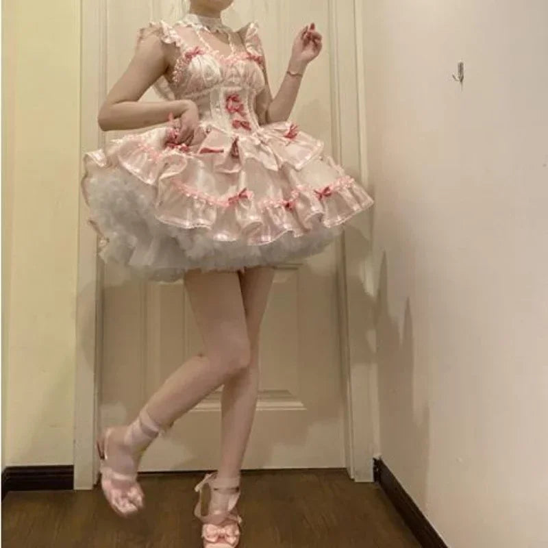 pantsparadises DRESS TO IMPRESS Sweet Girls Lolita Jsk Dress Women Vintage Y2k Bow Ruffle Flyling Sleeve Party Princess Dresses Japanese Fairy Ballet Mini Dress