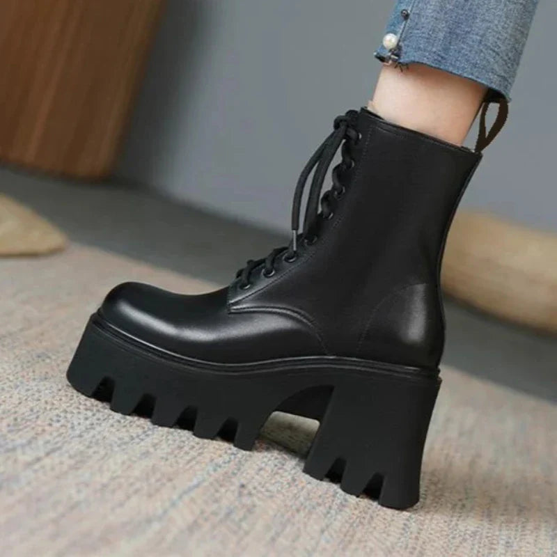 pantsparadises Punk Goth Ankle Boots Women Black Chunky Wedge Platform Shoes Woman Lace Autumn Patent Leather Footwear Lady Botas Mujer