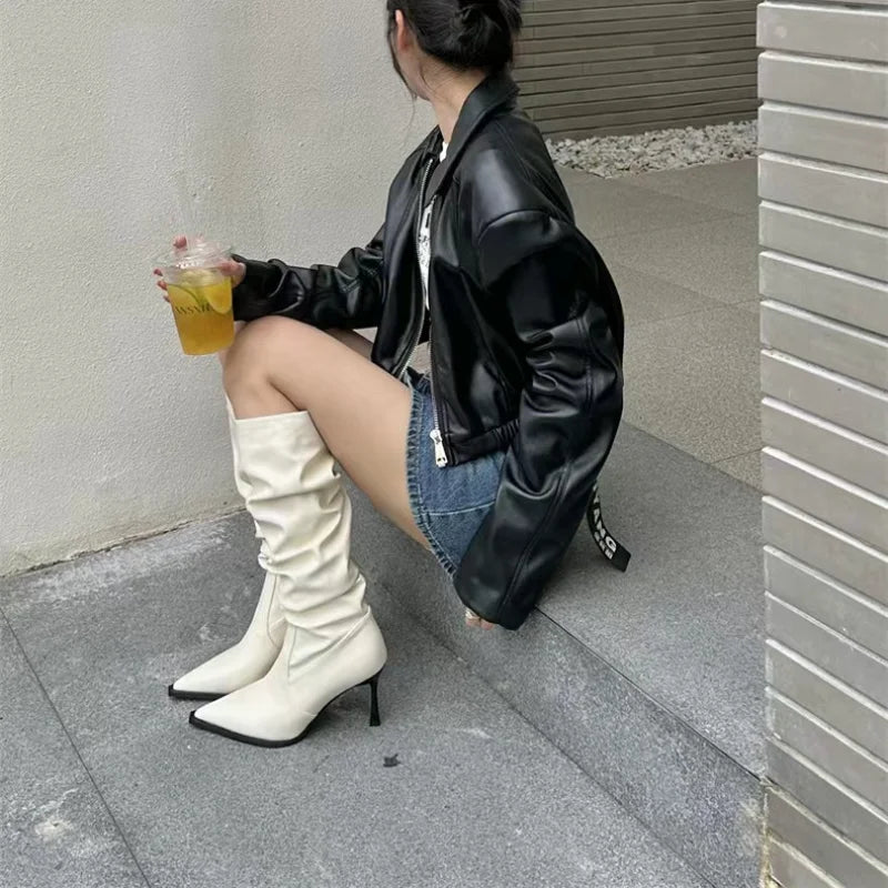 pantsparadises Sexy Winter Women High Boots Fashion Pointed Toe Stiletto Heel Long Boots Ladies Elegant Knee High Boots Shoes