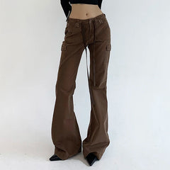 pantsparadises Vintage Y2K Chic Brown Low Waisted Flared Jeans Stitched Streetwear Grunge Denim Trousers Korean Boot Cut Pants Slim