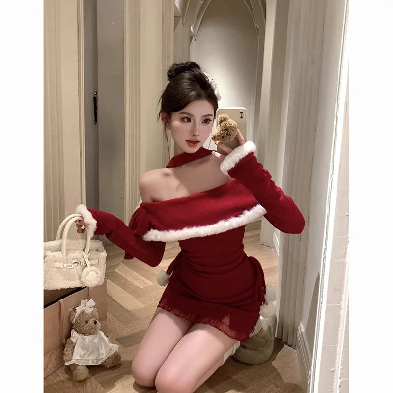 pantsparadises Christmas DRESS TO IMPRESS Slash Neck Halter Knitting Dresses Female Autumn Winter Christmas Red Tight Dress Women Clothes Slim Lacing Mini Dress New