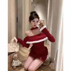 pantsparadises Christmas DRESS TO IMPRESS Slash Neck Halter Knitting Dresses Female Autumn Winter Christmas Red Tight Dress Women Clothes Slim Lacing Mini Dress New