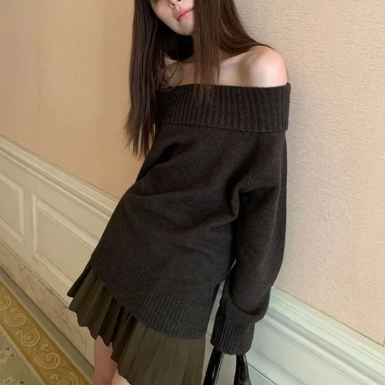 pantsparadises Y2k Vintage Off Shoulder Knit Sweater Women Autumn Korean Fashion Aesthetic Harajuku Jumper Gyaru Sexy Pullover Loose