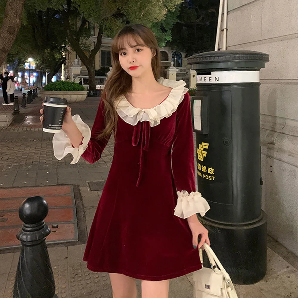 pantsparadises Christmas Red Dress Woman Autumn French Ruffle Velvet Splice Dress Ladies Flared Sleeve Bow Slim Party Mini Dress