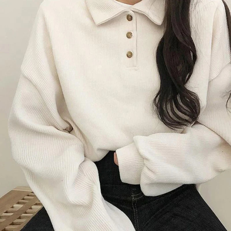 pantsparadises Fall Winter Ribbed Pullovers Women Casual Simple Preppy Style Student Turndown Collar Sweater Korean Button-up Blouses