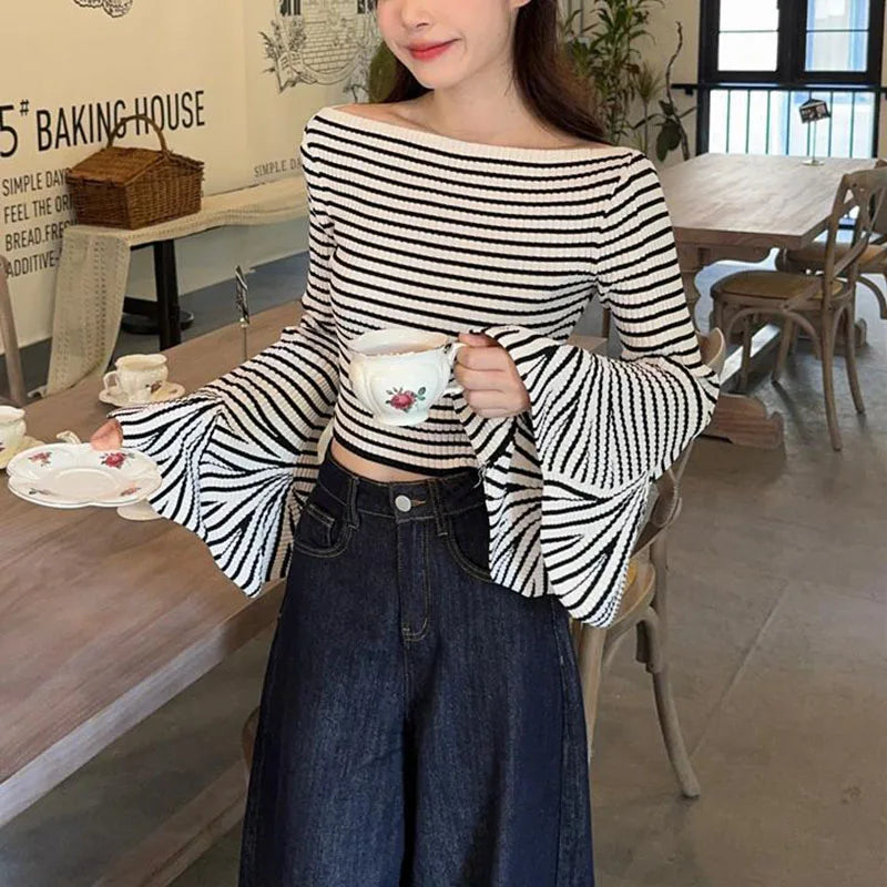 pantsparadises y2k Knit Top Women Clothes Elegant Striped Off Shoulder Flared Long Sleeve T Shirt 2000s Aesthetic Clothing Streetwear