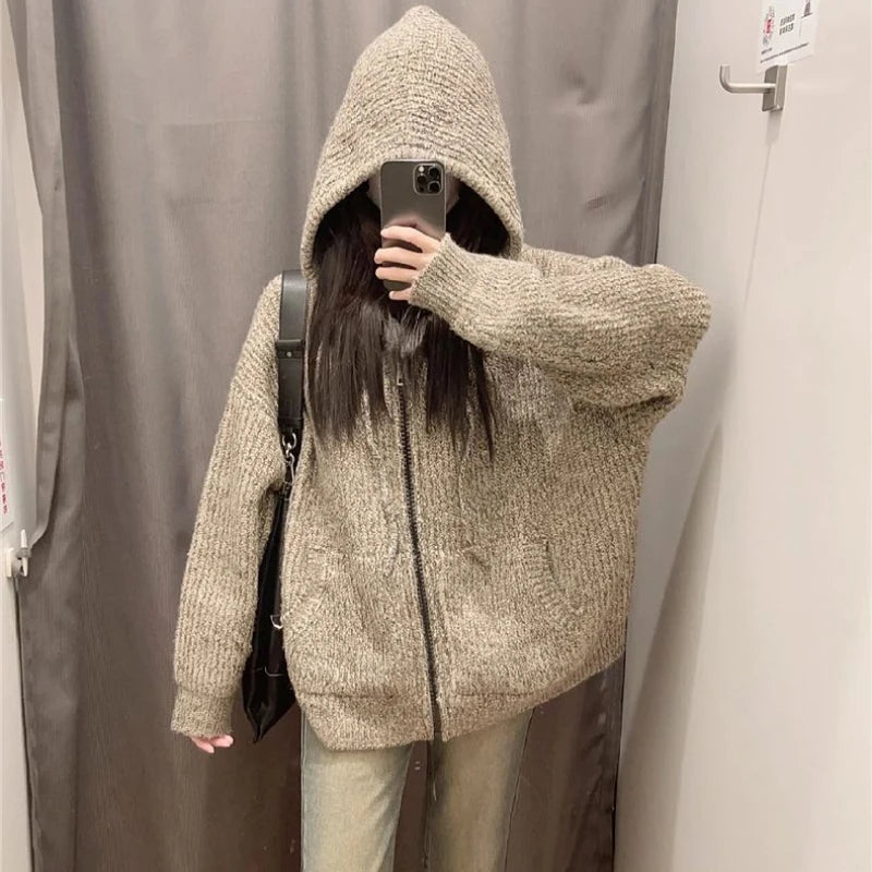 pantsparadises Zipper Hooded Knitted Cardigan Women Harajuku Vintage Knitwear Preppy Style Solid Casual Warm Sweaters Coat Oversize