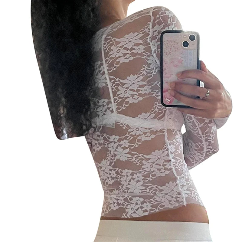 pantsparadises Lace Coquette Top Women Sexy Sheer See Through Floral Round Neck Long Sleeve T Shirt y2k Aesthetic Clothing Streetwear