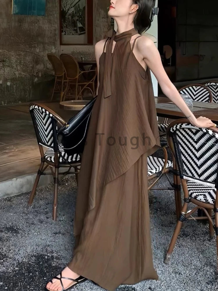 pantsparadises Korean Fashion Loose O Neck 2 Piece Set Women Elegant Casual Solid Sleeveless Off Shoulder Top + High Waist Thin Dress 2024 New