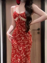 Red Floral Sexy Slip Dress Women Elegant Vintage Long Lace Bodycon Dress Summer Beach One Piece Dress Female Korean Style Party