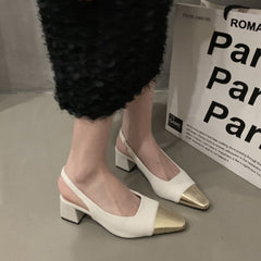 pantsparadises Gold Square Toe Thick Heeled Sandals Women Summer Slingbacks High Heels Pumps Woman Elegant Black White Party Shoes