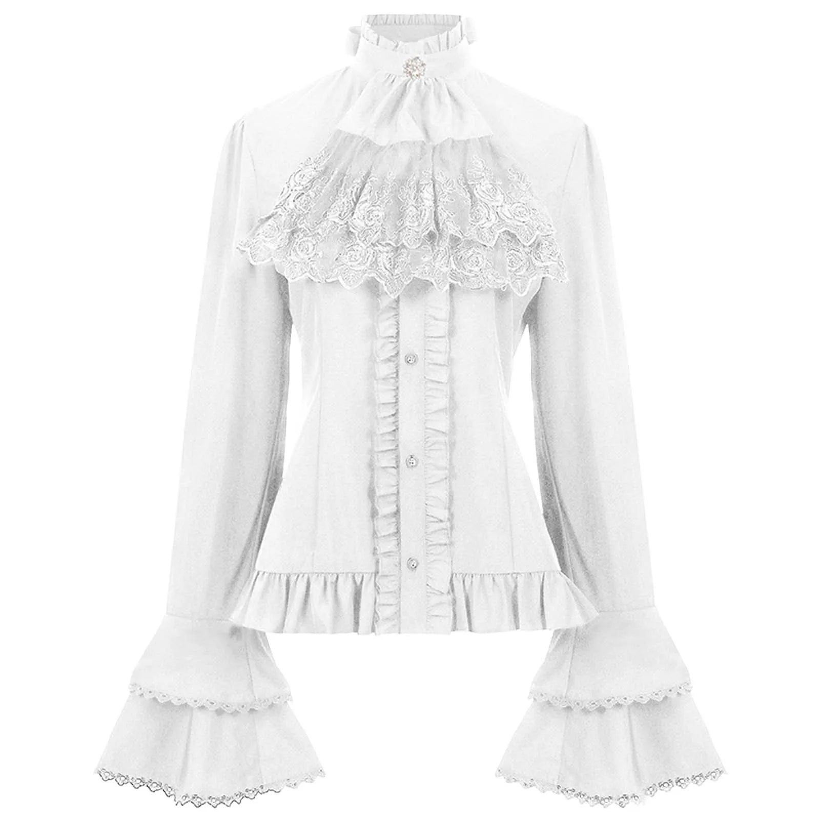 pantsparadises Elegant French Style Solid Shirt for Women Stand Flare Long Sleeve Lace Embroidery Ruffles Bandage Top Gothic Vintage Blouse