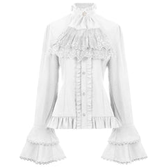 pantsparadises Elegant French Style Solid Shirt for Women Stand Flare Long Sleeve Lace Embroidery Ruffles Bandage Top Gothic Vintage Blouse