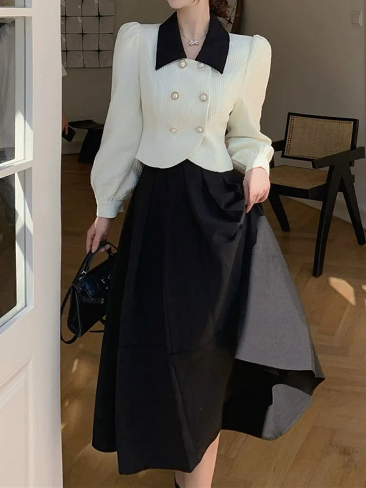 DRESS TO IMPRESS Spring Elegant Two Piece Set Women Casual Slim Korean Coat + Black Pleated Gothic Vintage Midi Skirt Office Lady Skirt Srts