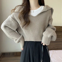 pantsparadises Long Sleeve Cropped Sweater Women Autumn Winter Turn Down Collar Knitted Jumper Woman Korean Style Solid Color Jerseys