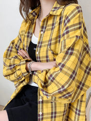 pantsparadises Fashion Plaid Women Shirt Fashion Korean Oversize Tops Harajuku Daily All-match Long Sleeve Chic Female Yellow Shirts New