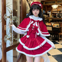 pantsparadises NEW YEAR DRESS TO IMPRESS Japanese Kawaii Lolita Dress Sets Women Hooded Shawl Short Jackets Bow Mini Skirt Korean Style Sweet Red Christmas New Year Suit