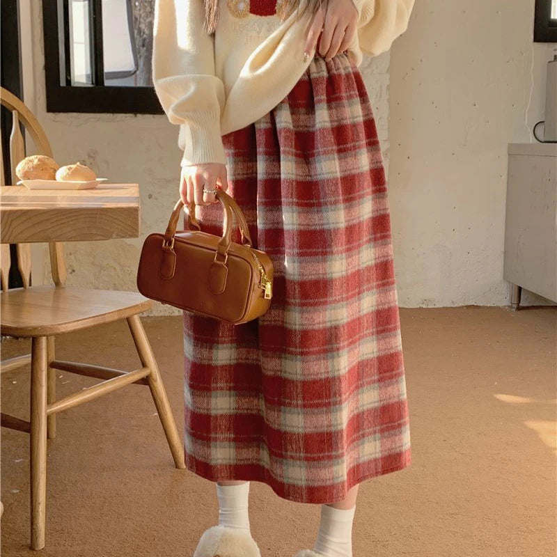 pantsparadises Preppy Style Wool Long Skirt Vintage Kawaii Sweet Korean Fashion Plaid Skirts Cute Autumn Winter Patchwork Midi Skirts