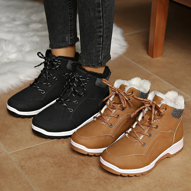 pantsparadises Women Lace Up Thick Sole Warm Snow Boots New Winter Fluffy Cotton Padded Shoes Ladies Waterproof Non Slip Platform Sneakers