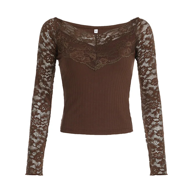 pantsparadises y2k Fairycore Tops Women Clothing Brown Lace Patchwork Long Sleeve Knitted T Shirts 2000s Aesthetic Clothes Streetwear