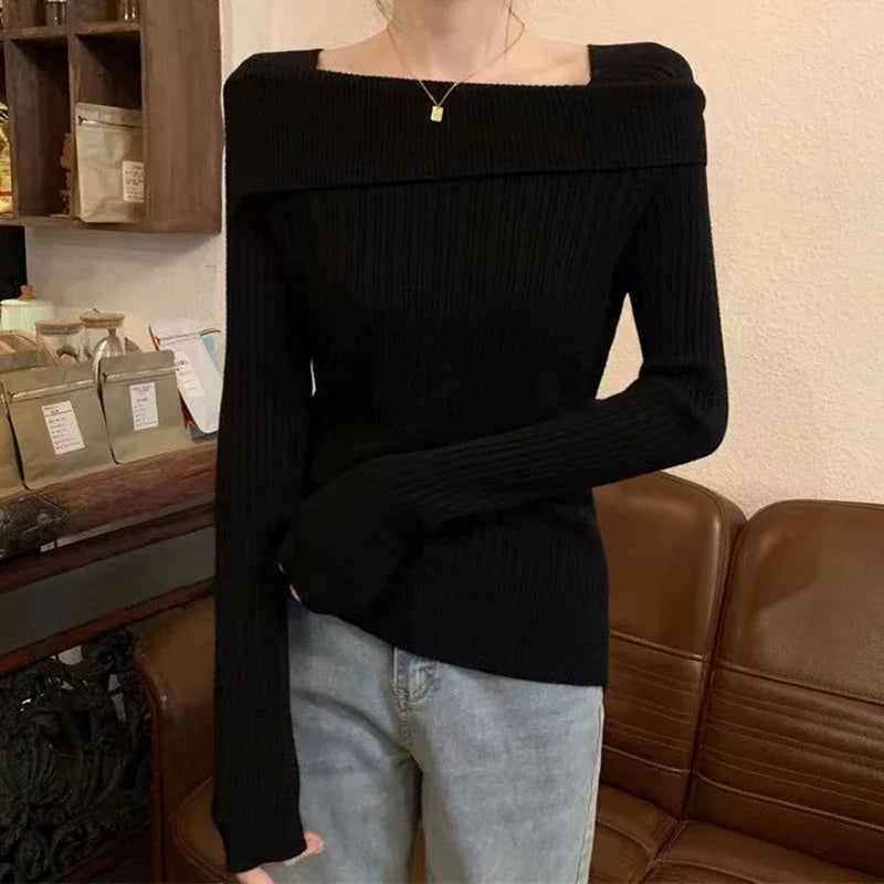 pantsparadises trashy outfits Solid Sexy Slim Off Shoulder Slash Neck Long Sleeve Knitting Sweater  Women Jumpers Office Fashion New