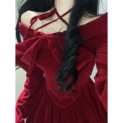 pantsparadises Vintage Bow Mini Dress Women Y2K Sexy Slash Neck Red Velvet Dresses Winter Kawaii Christmas Party Bodycon A Line Vestidos