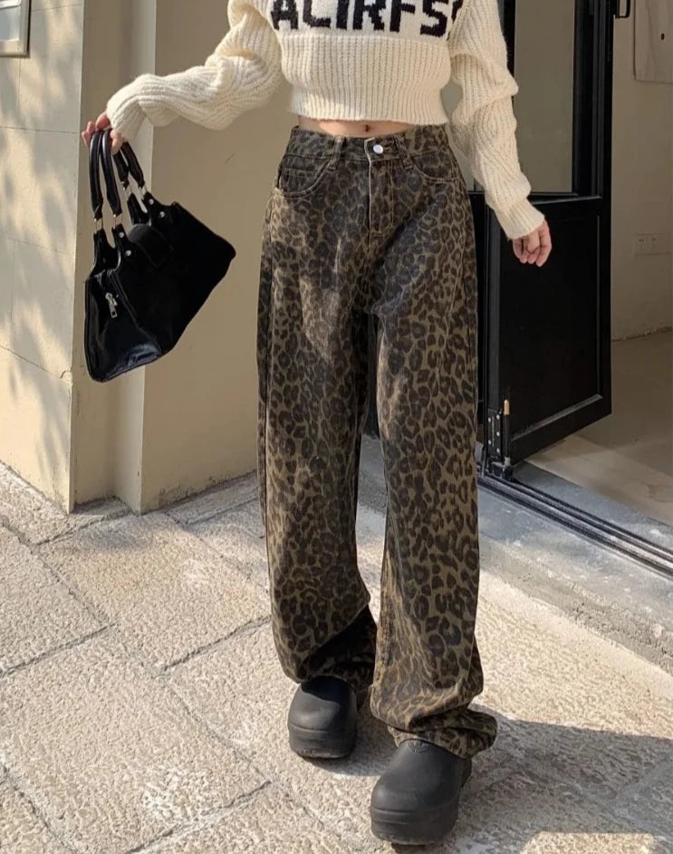 pantsparadises Vintage Leopard Print Pantalon Femme Wide Leg Pants Women High Waist Straight Y2k Jeans Casual Fashion Korean  Jean Trousers