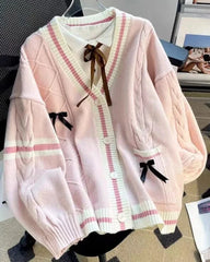 pantsparadises Sweet Bow Knitted Cardigans Y2k Aesthetic All Match Contrast Color Coats Fashion Single Breasted Women Kawaii JK Sweaters Jumper