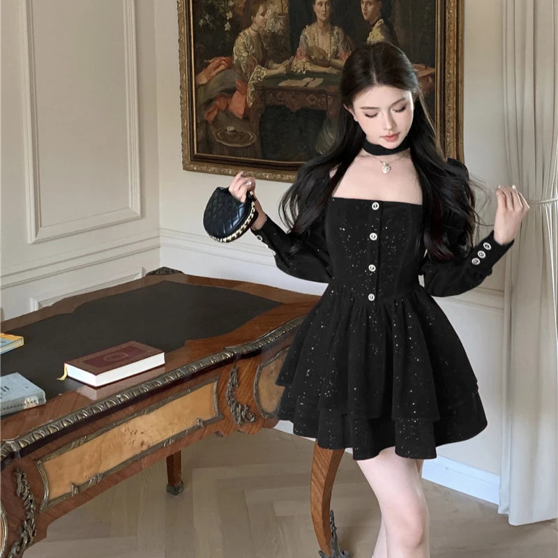 pantsparadises NEW YEAR DRESS TO IMPRESS Long Sleeve Velvet Dress Women Princess Square Collar Autumn Buttons Ruffles Bling Design Fashion Temper Elegant Seductive New