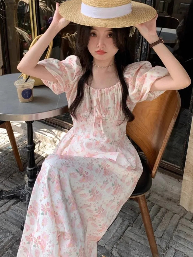 pantsparadises Summer Floral Printed Midi Dress Women Off Shoulder Puff Sleeve Fairy A-line Elegant Dresses Casual Korean Fahion Vestidos Mujer