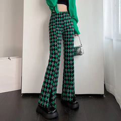 pantsparadises Green Plaid Ladies Bell Pants Checked Korean Flared Trousers for Women Vintage Flare Leggings Leg Slit Fluid Elasticity Sexy Hot