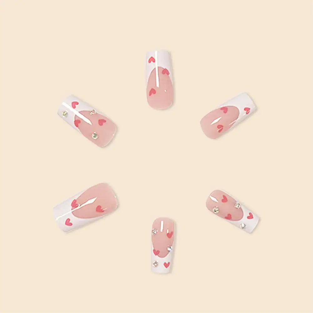 pantsparadises Hot New Women Girls 24Pcs Long Square Red French White Border Heart Full Coverage Wearable Fake Nail Press on Nail Art