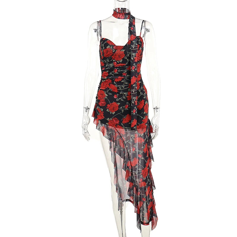 pantsparadises Ruffle Edge Floral Split Dress With Seaside Vacation Style Atmosphere Slimming And Waist Tightening