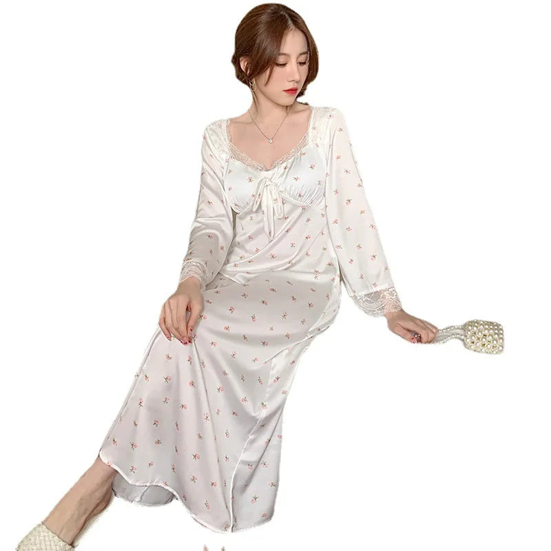 pantsparadises Retro Court Style Square Collar Long Sleeve Nightdress New Spring Women Nightgown Sleepwear Sweet Print Flower Lace Home Dress