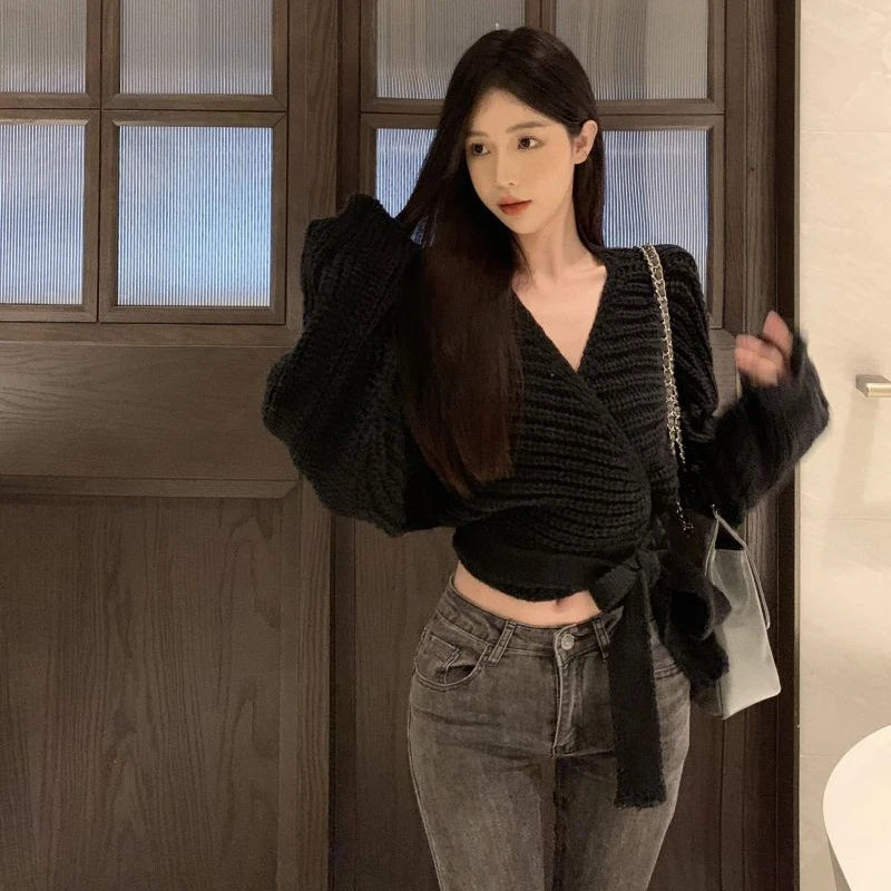 pantsparadises Sexy Vintage Knitted Pullover Women Black Sweater Lace Up Crop Tops Korean Style Long Sleeve Pullovers Solid Aesthetics