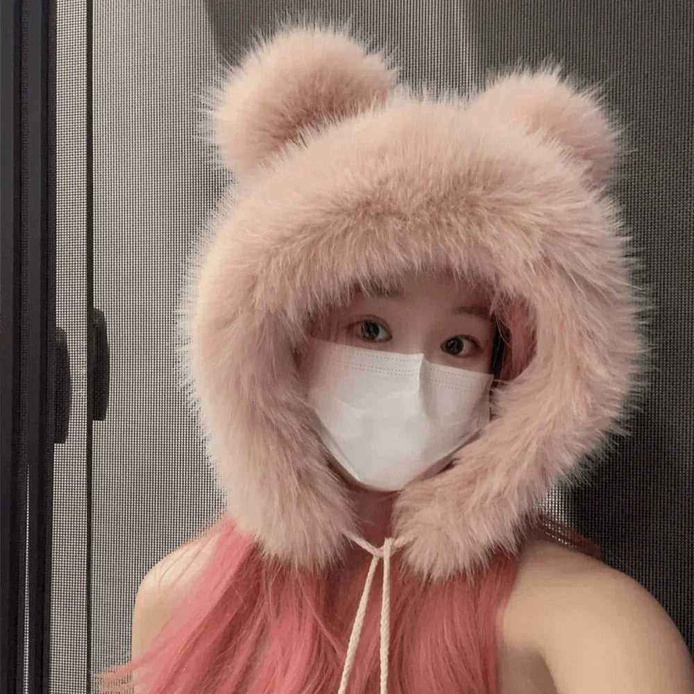 pantsparadises Women Winter Warm Kawaii Fox Fur Imitation Mink Plush Hat Thickened Cute Bear Ear Japanese Bomber Hat Ear Protection Cosplay Cap