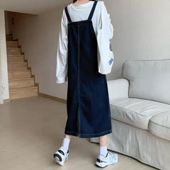 pantsparadises Spring Summer Denim Overall Dress Women Casual Sleeveless Jeans Dresses Fashion Solid Split Loose Spaghetti Strap Dresses Girls