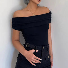 pantsparadises Black Off Shoulder Elegant Short Tops Side Pleated Fashion Slim Sexy Cropped T Shirt Women Summer Y2k Clothing Skinny Top