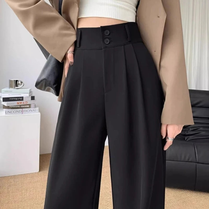 pantsparadises Women’s Wide Leg Pants Women Korean Style High Waist Black Trouser Office Ladies Fashion Loose Grey Suit Trousers Streetwear